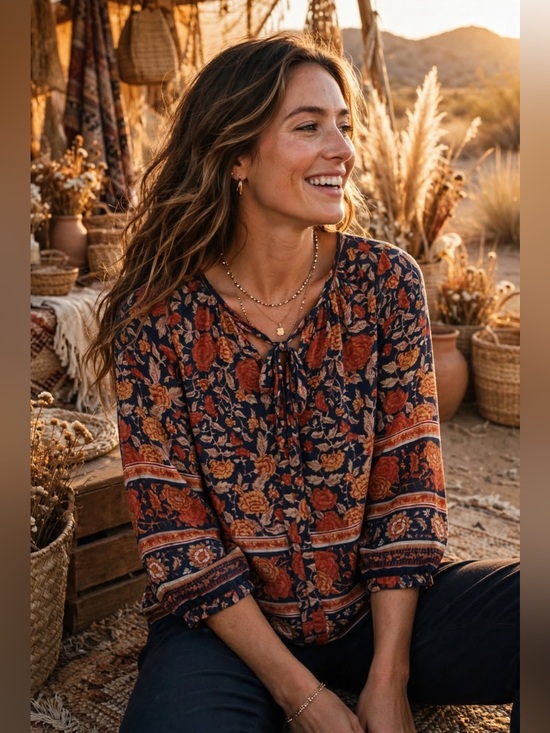 Lucky Brand Tops - Lucky Brand Women’s Small Navy Floral Tie Neck Peasant Blouse Boho